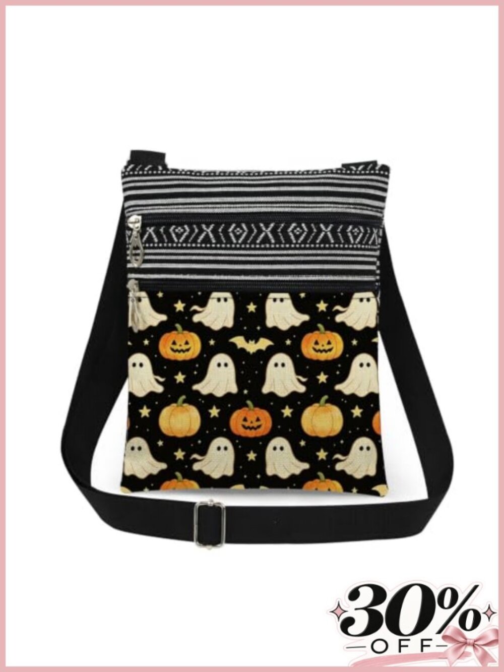 Polyester Crossbody Bag with Ghost Pumpkin Bat Print Adjustable Strap